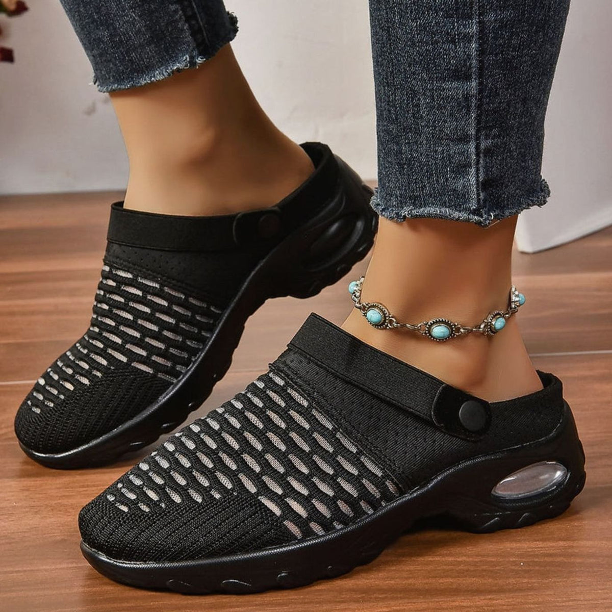 Women's Orthopedic Air Cushion Slip-On Walking Mule Sneakers - Black