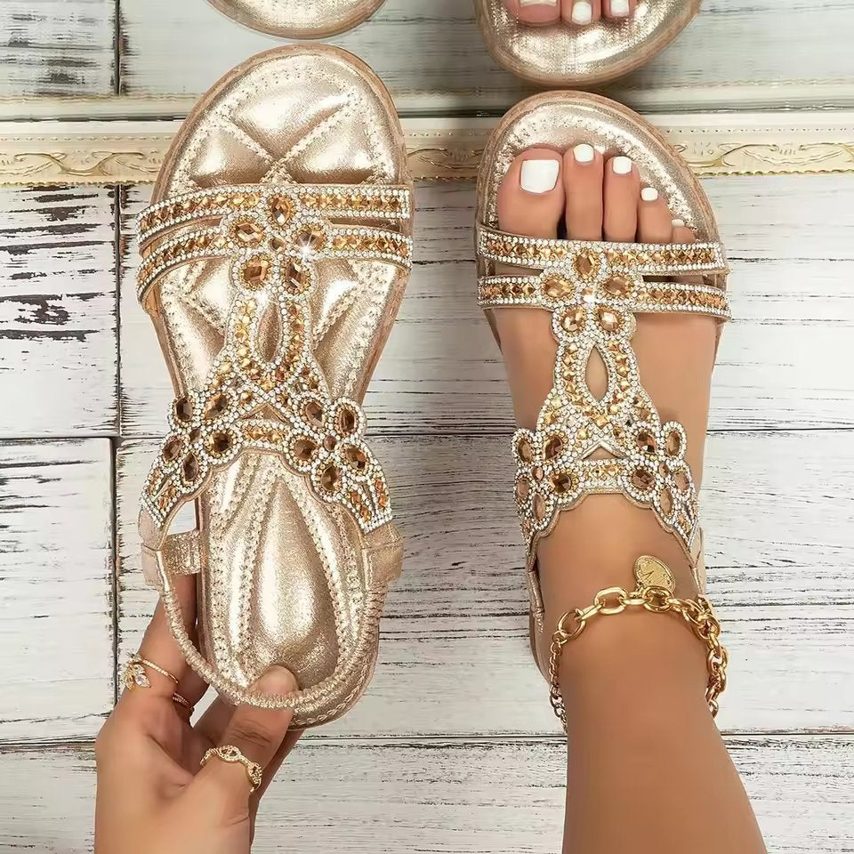 Women's Orthopedic Bohemian Beaded Flat Sandals - Gold