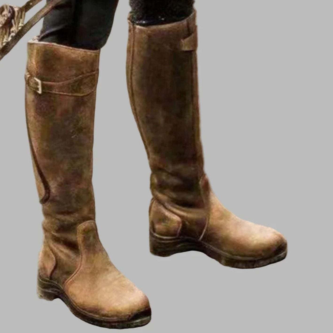 Women's Orthopedic Knee-High Buckle Leather Boots - Brown