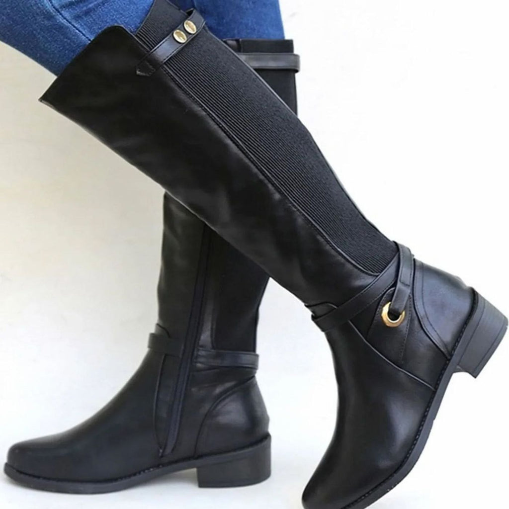 Women's Orthopedic Knee-High Elastic-Panel Leather Boots - Black