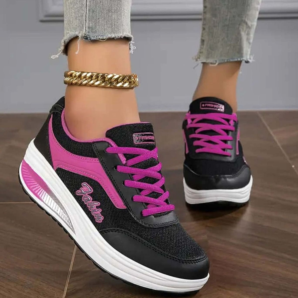 Women's Orthopedic Lace-Up Platform Comfort Sneakers - Black/Purple