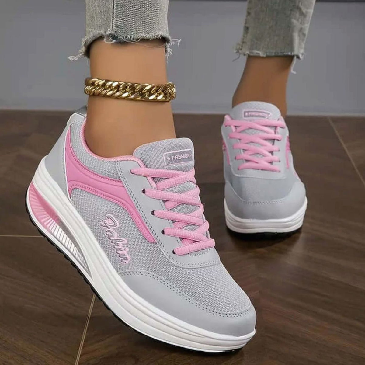 Women's Orthopedic Lace-Up Platform Comfort Sneakers - Gray/Pink