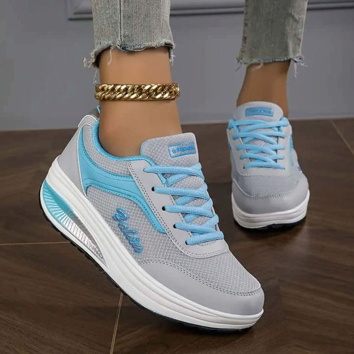 Women's Orthopedic Lace-Up Platform Comfort Sneakers - Gray Blue