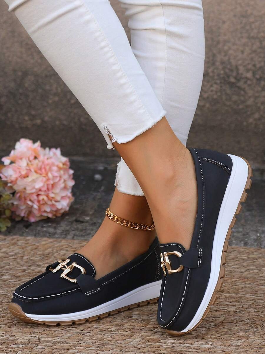 Women's Orthopedic Slip-On Gold-Bit Loafers Non-Slip Flat - Black