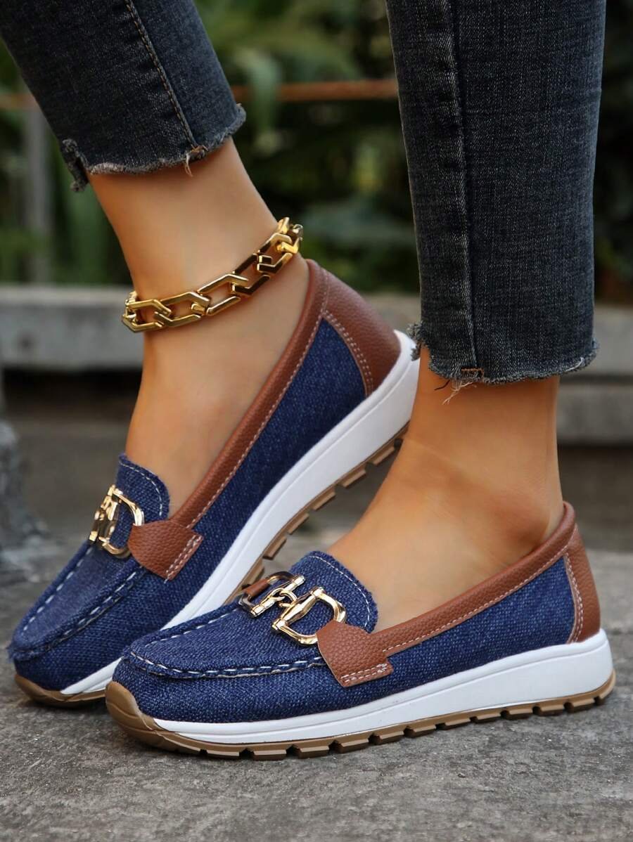 Women's Orthopedic Slip-On Gold-Bit Loafers Non-Slip Flat - Navy