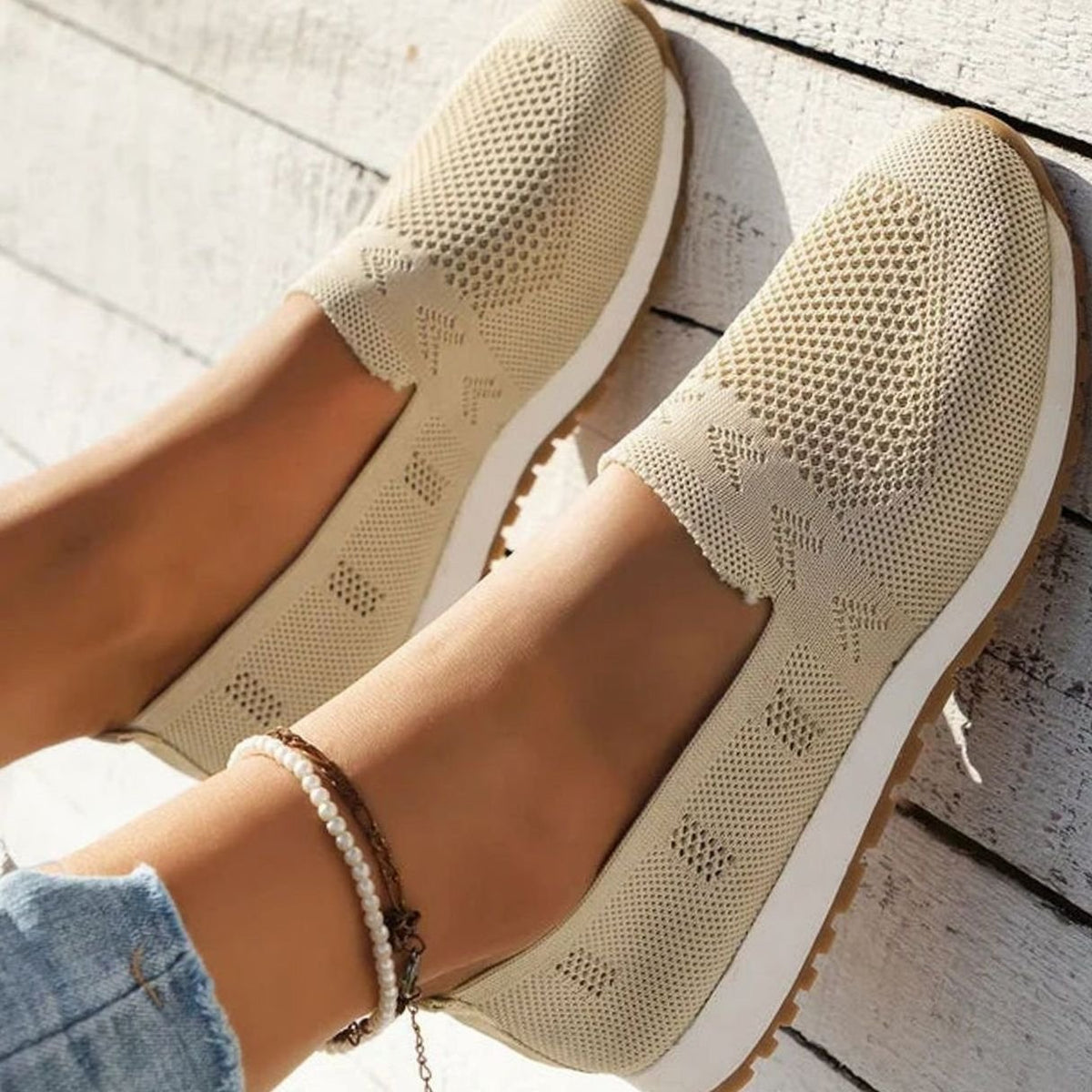 Women's Orthopedic Slip-On Knit Sneakers Cushioned Support - Apricot