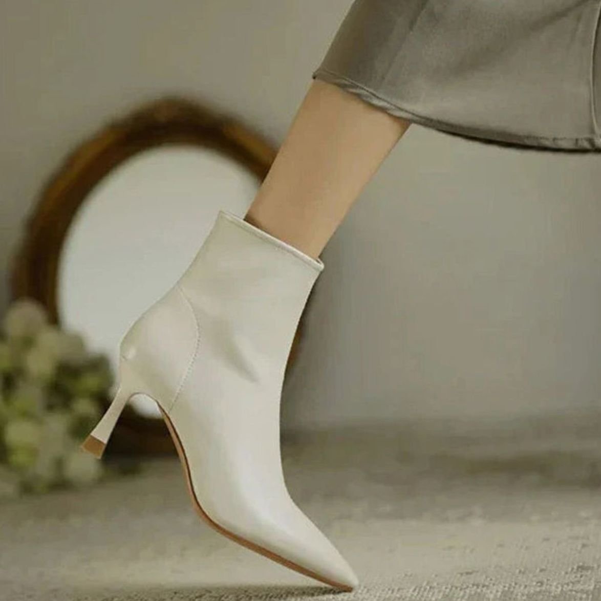 Women's Orthopedic Stiletto Heel Pointed Toe Ankle Boots - Beige