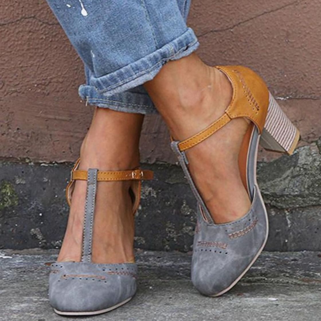Women's Orthopedic T-Strap Block Heeled Shoes - Gray