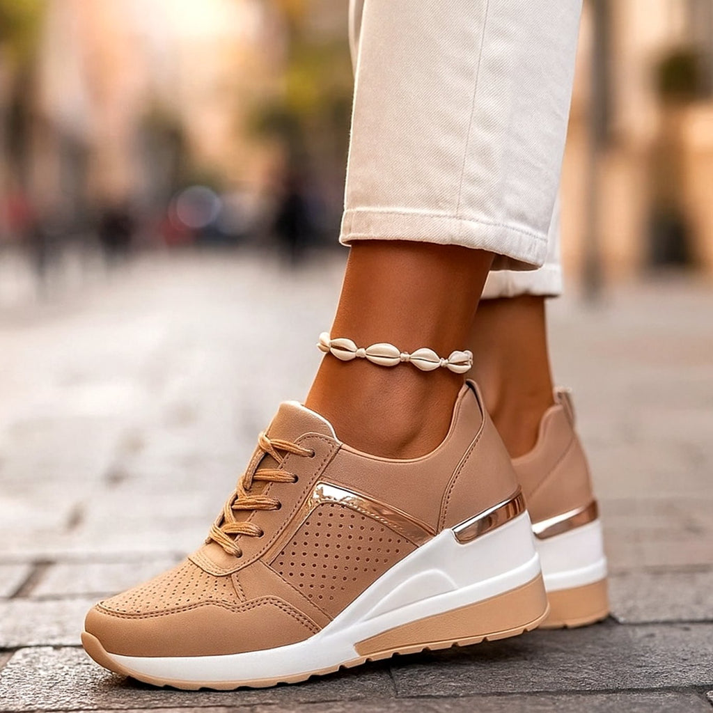 Women's Orthopedic Wedge Sneakers Lace-Up Perforated Platform - Brown