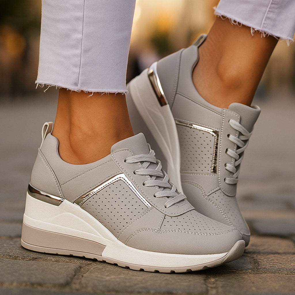 Women's Orthopedic Wedge Sneakers Lace-Up Perforated Platform - Gray