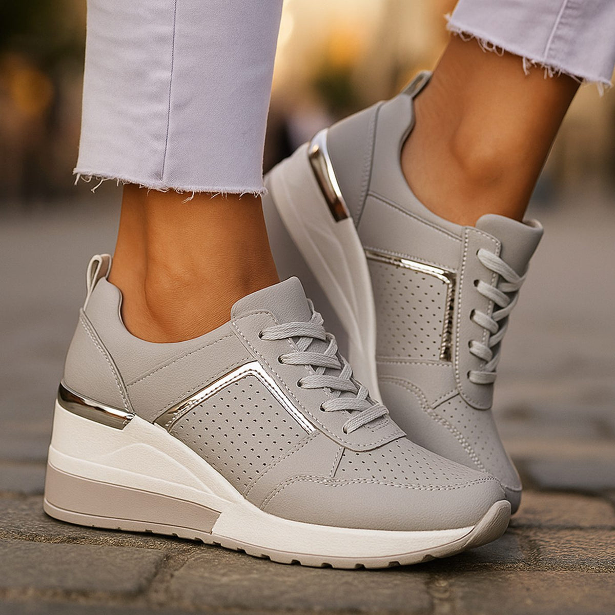 Women's Orthopedic Wedge Sneakers Lace-Up Perforated Platform - Gray