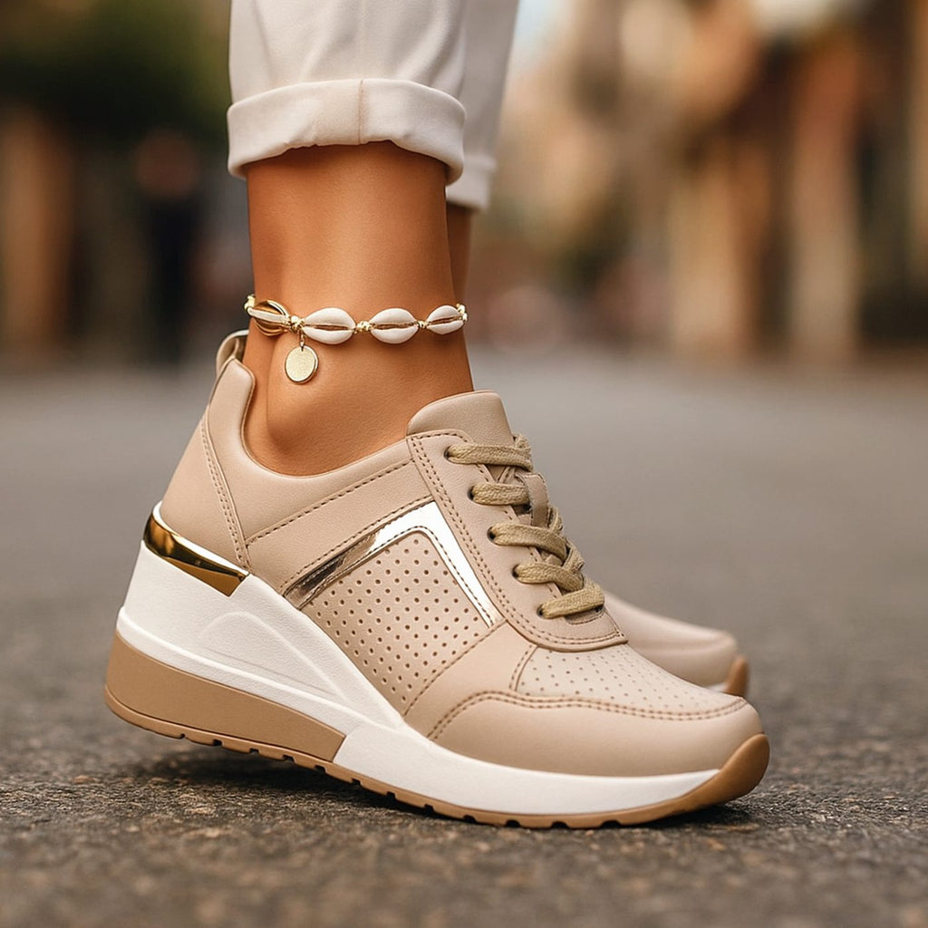 Women's Orthopedic Wedge Sneakers Lace-Up Perforated Platform - Beige
