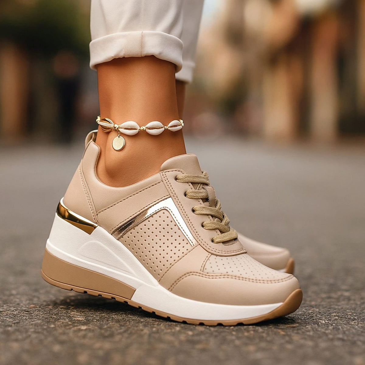 Women's Orthopedic Wedge Sneakers Lace-Up Perforated Platform - Beige