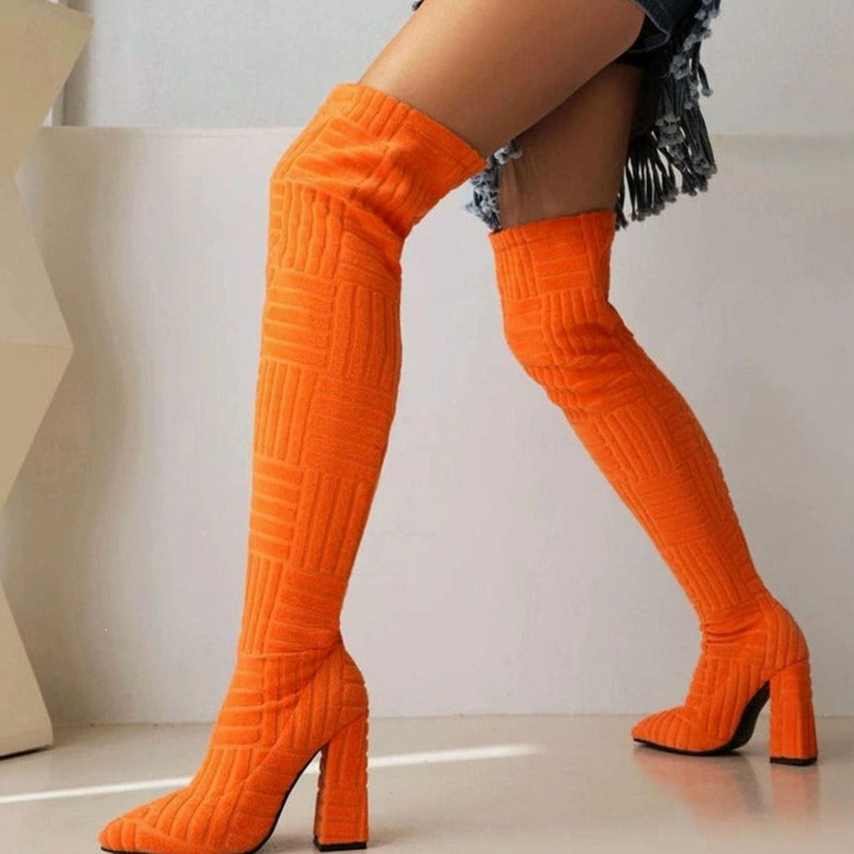 Women's Over-the-Knee Textured Stretch Block-Heel Boots - Orange