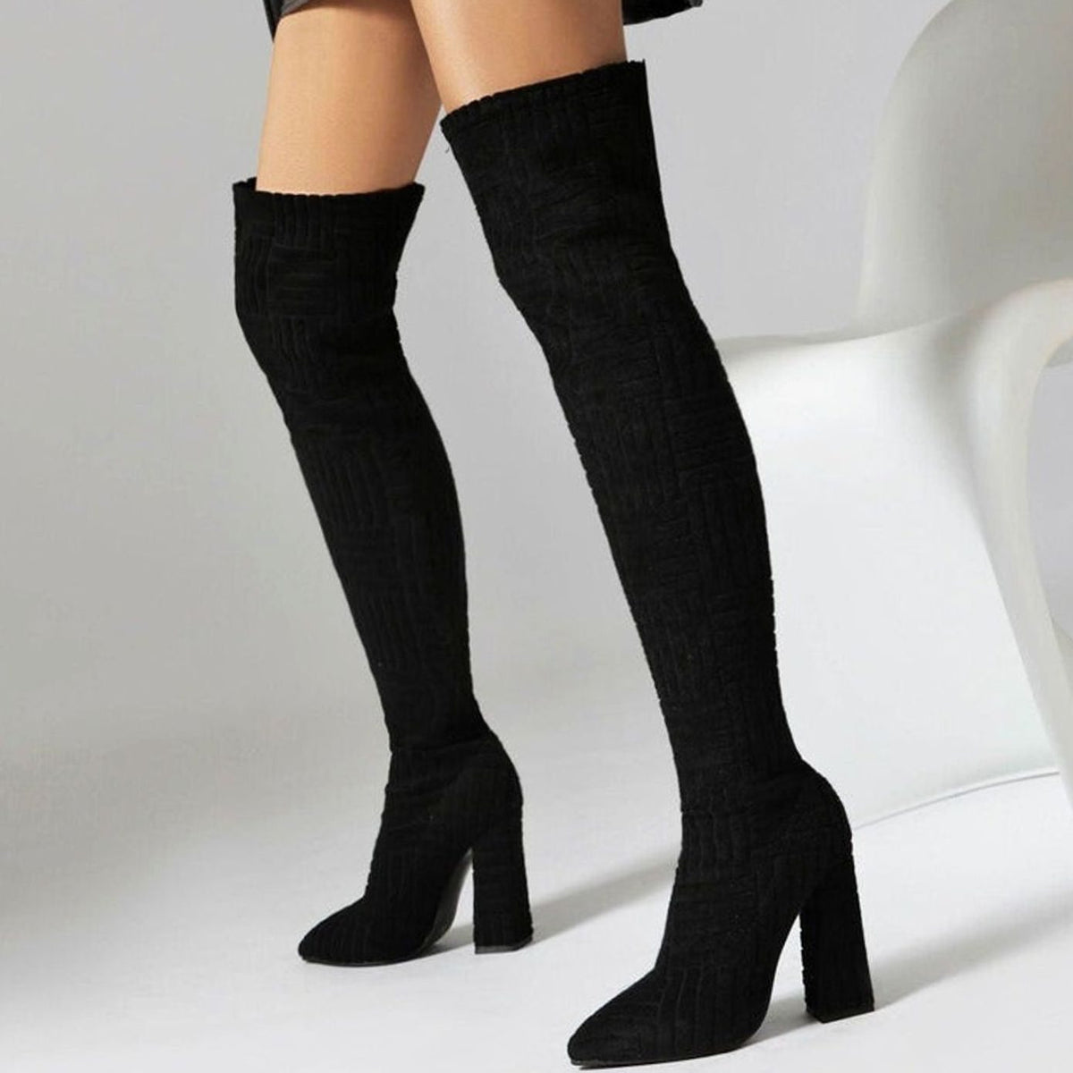 Women's Over-the-Knee Textured Stretch Block-Heel Boots - Black