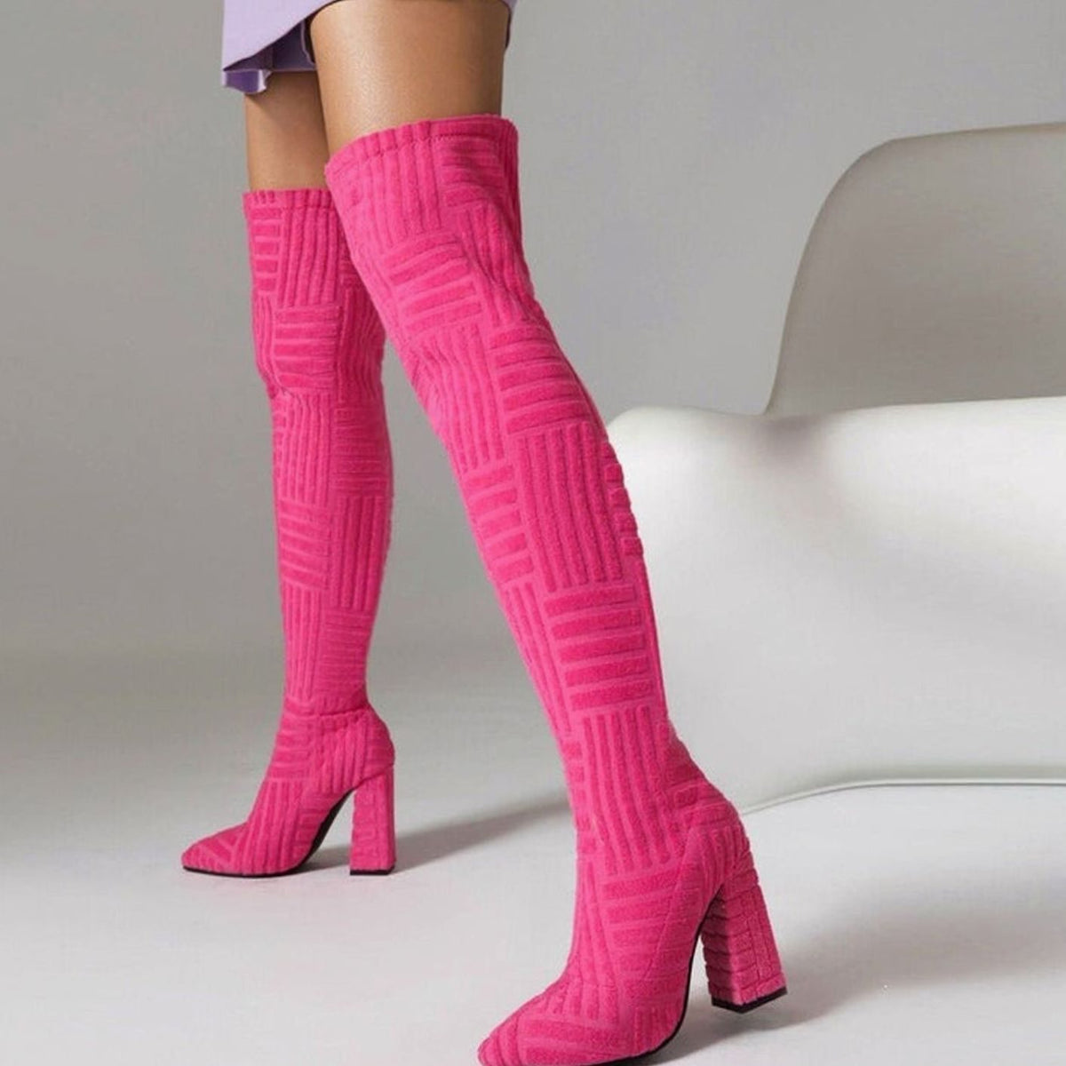 Women's Over-the-Knee Textured Stretch Block-Heel Boots - Pink
