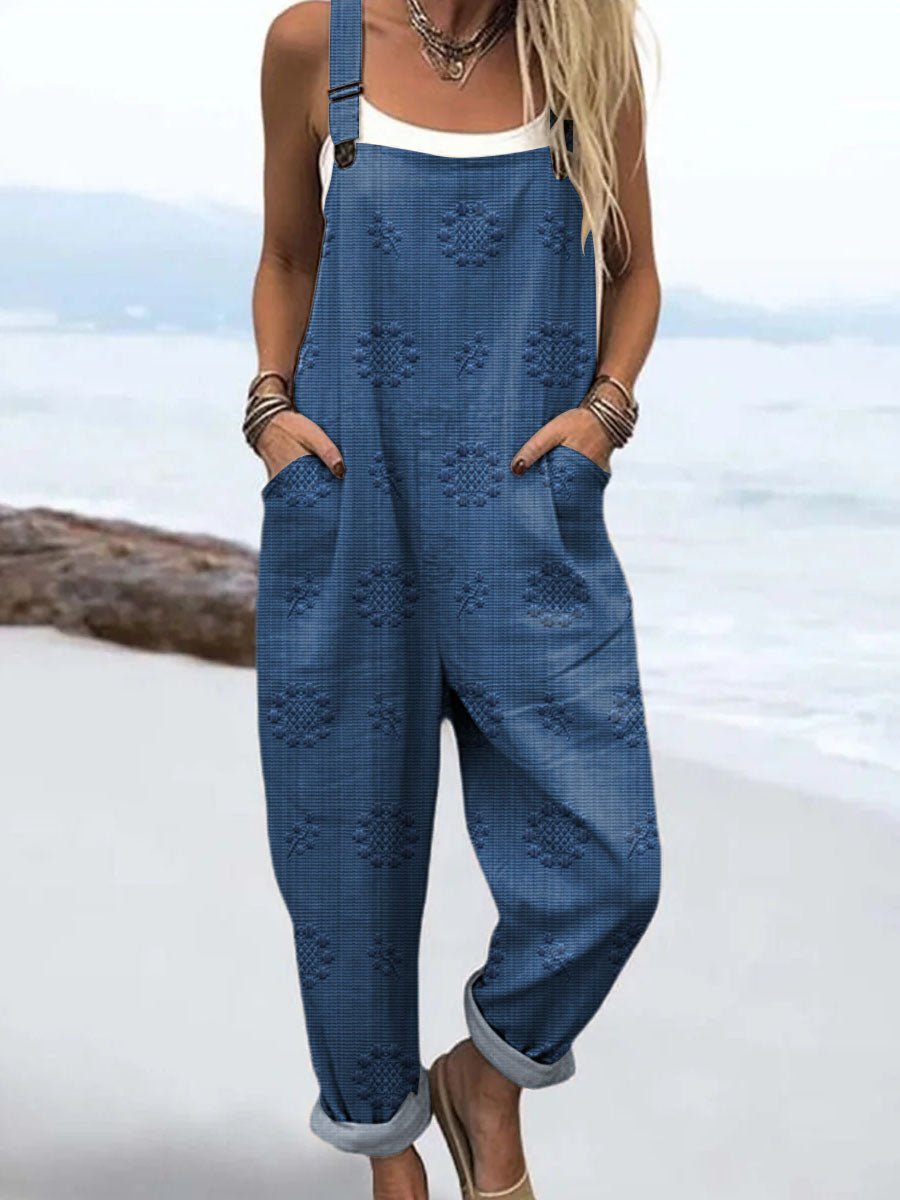 Women's Overall Jumpsuit Wide Leg Adjustable Straps Pockets - Blue