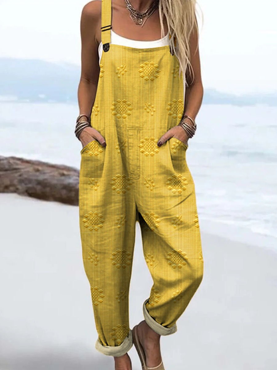 Women's Overall Jumpsuit Wide Leg Adjustable Straps Pockets - Yellow