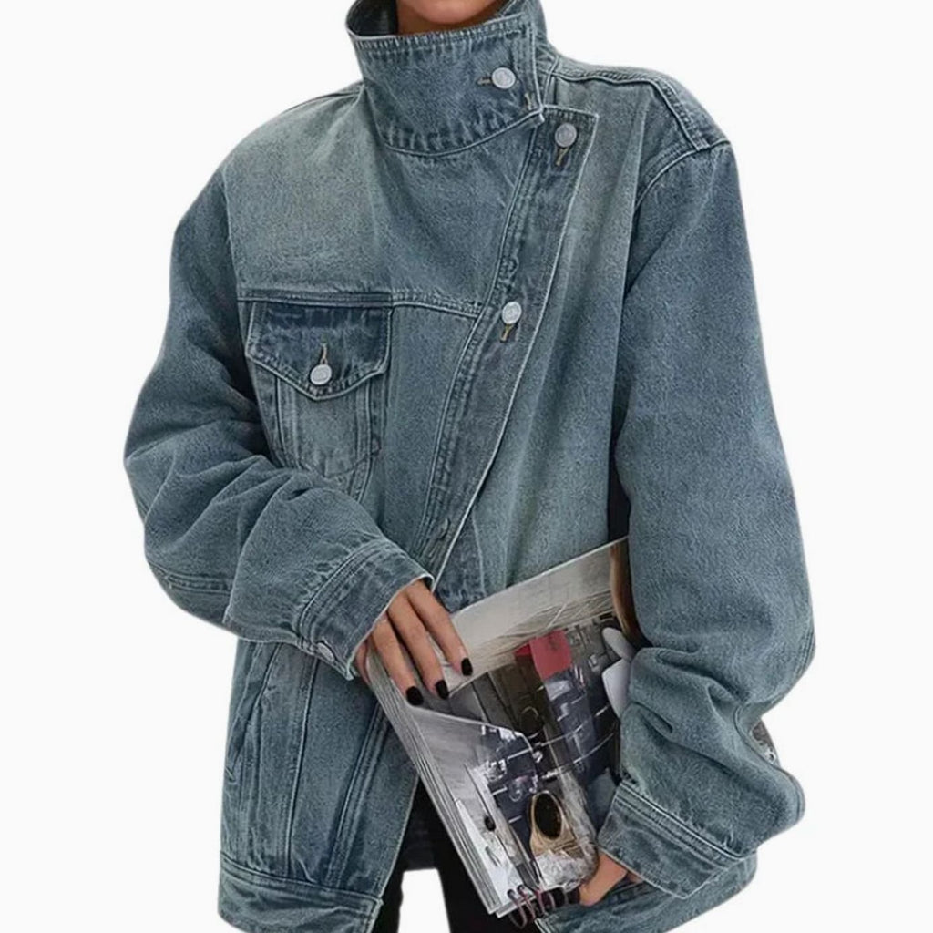 Women's Oversized Asymmetric-Button Denim Jacket - Blue
