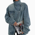 Women's Oversized Asymmetric-Button Denim Jacket - Blue
