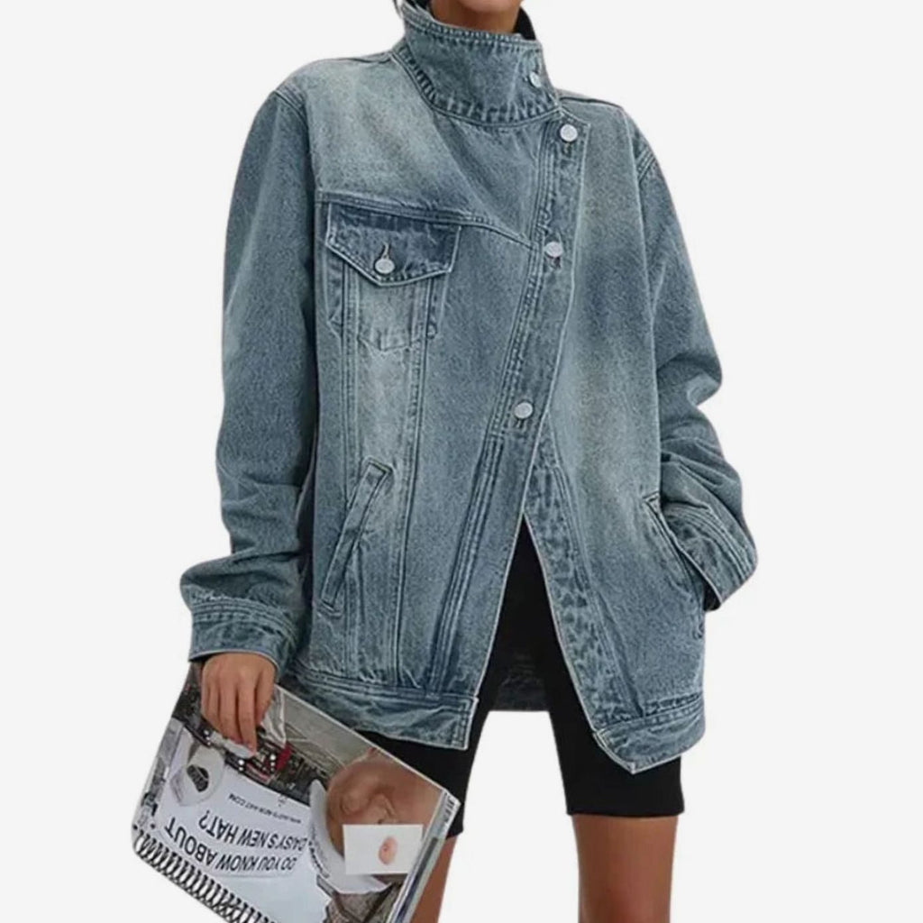 Women's Oversized Asymmetric-Button Denim Jacket