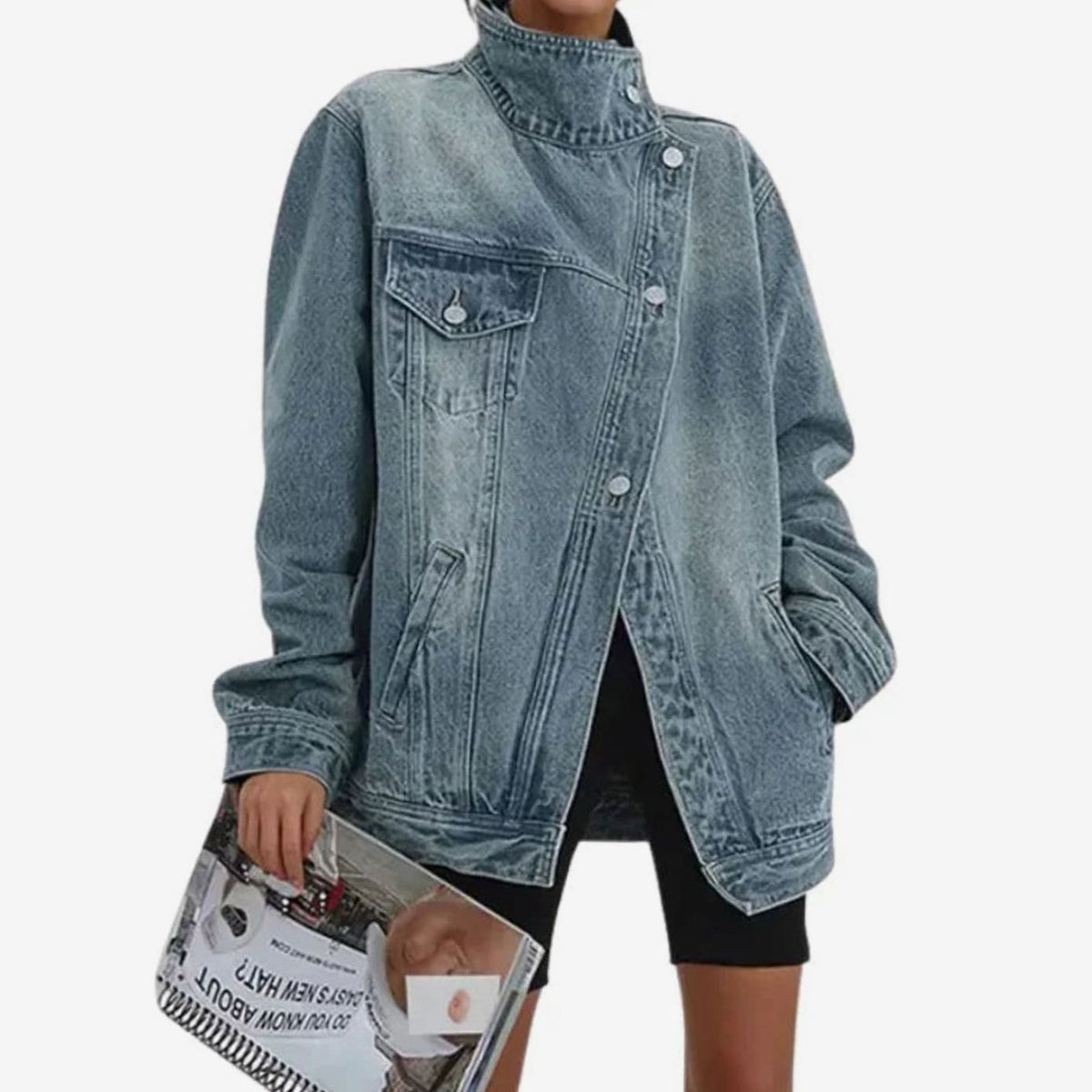 Women's Oversized Asymmetric-Button Denim Jacket