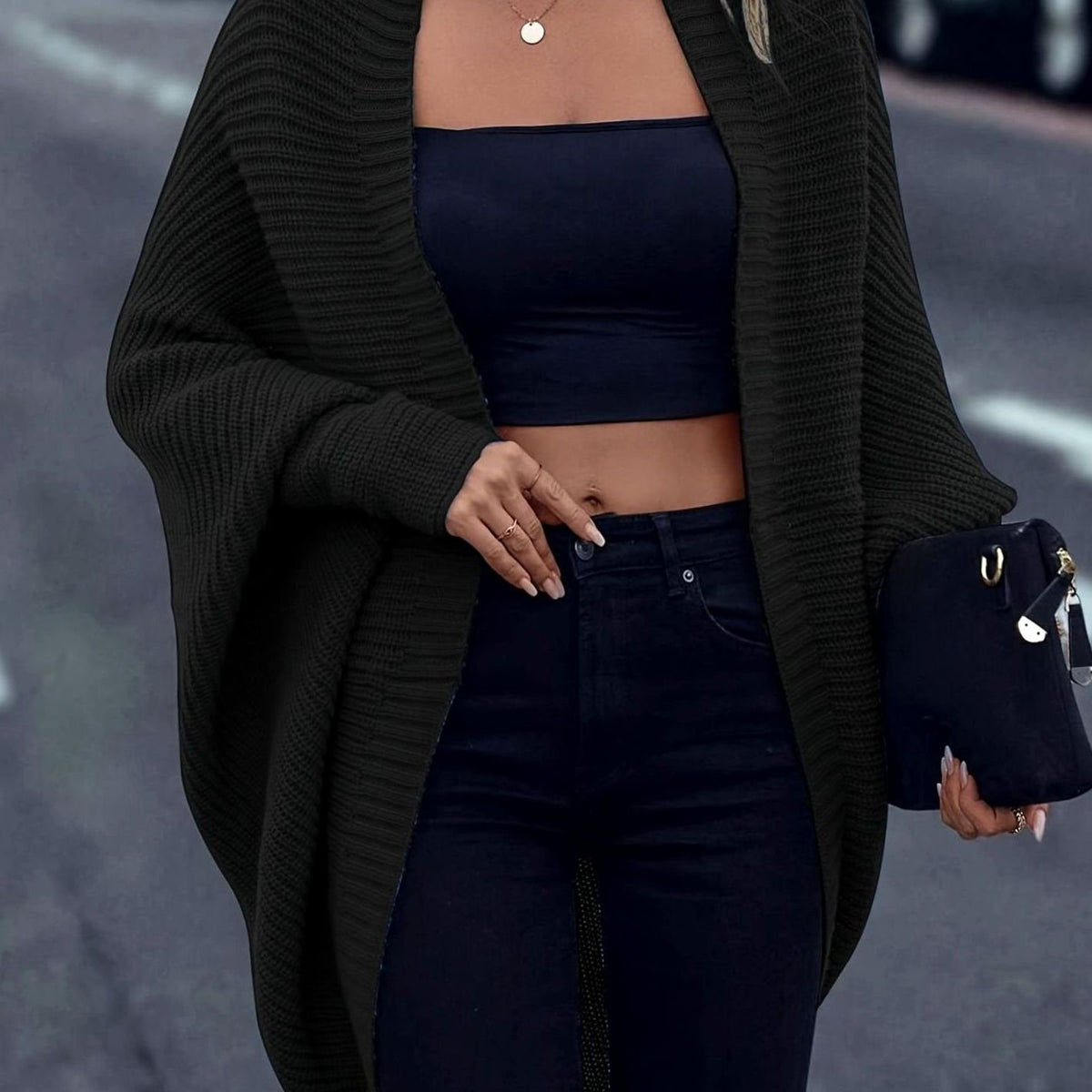 Women's Oversized Batwing-Sleeve Open-Front Longline Cardigan - Black