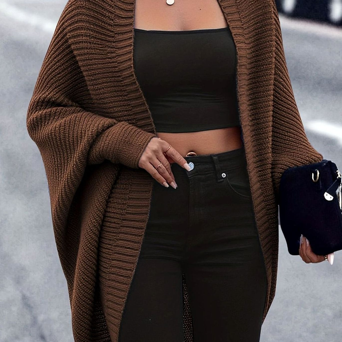 Women's Oversized Batwing-Sleeve Open-Front Longline Cardigan - Coffee Brown