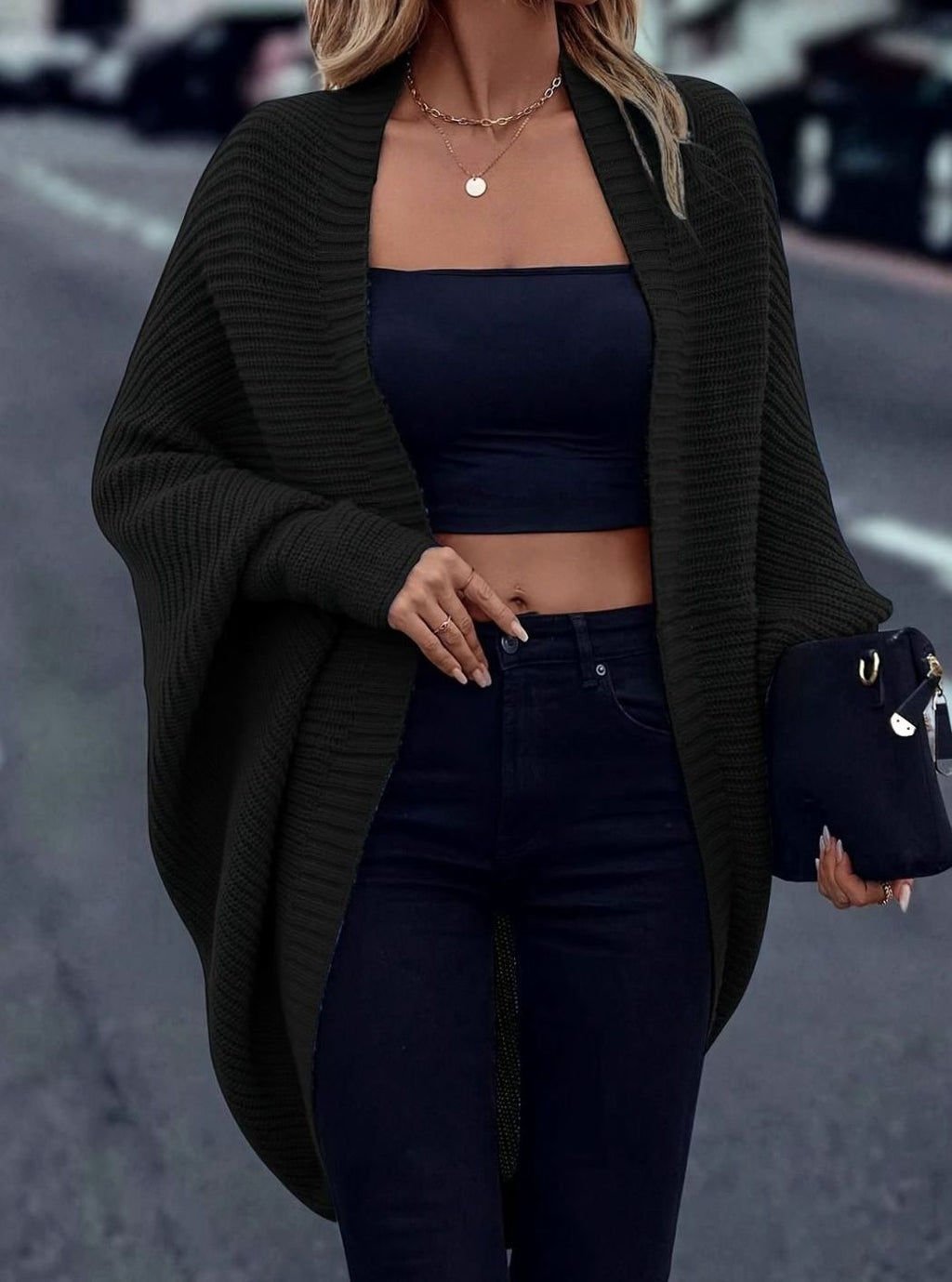 Women's Oversized Batwing-Sleeve Open-Front Longline Cardigan