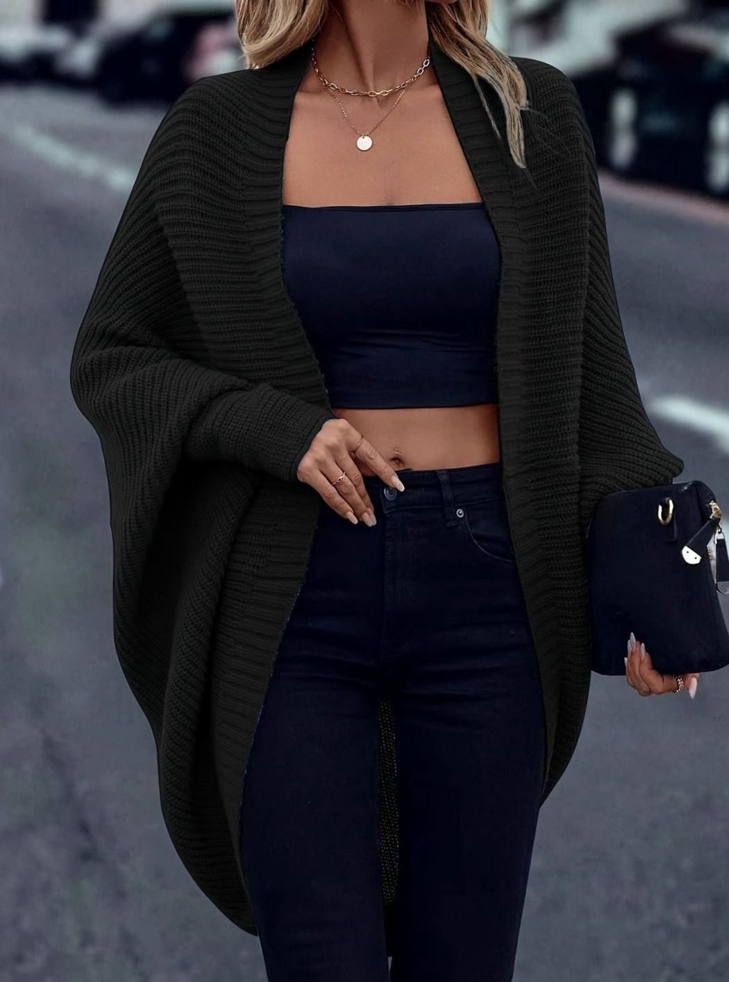 Women's Oversized Batwing-Sleeve Open-Front Longline Cardigan