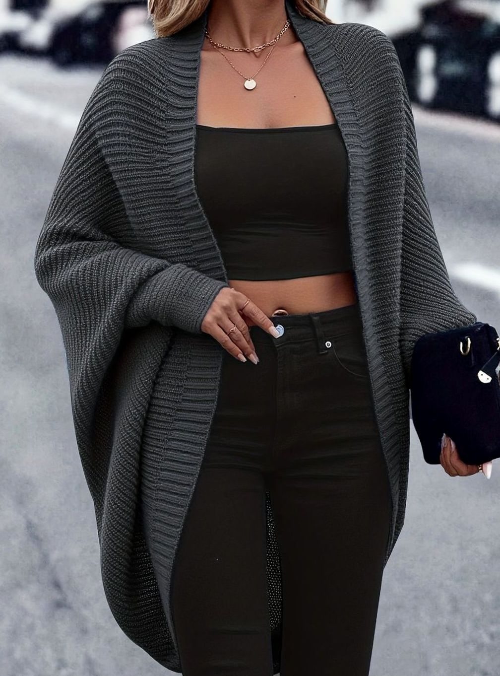 Women's Oversized Batwing-Sleeve Open-Front Longline Cardigan