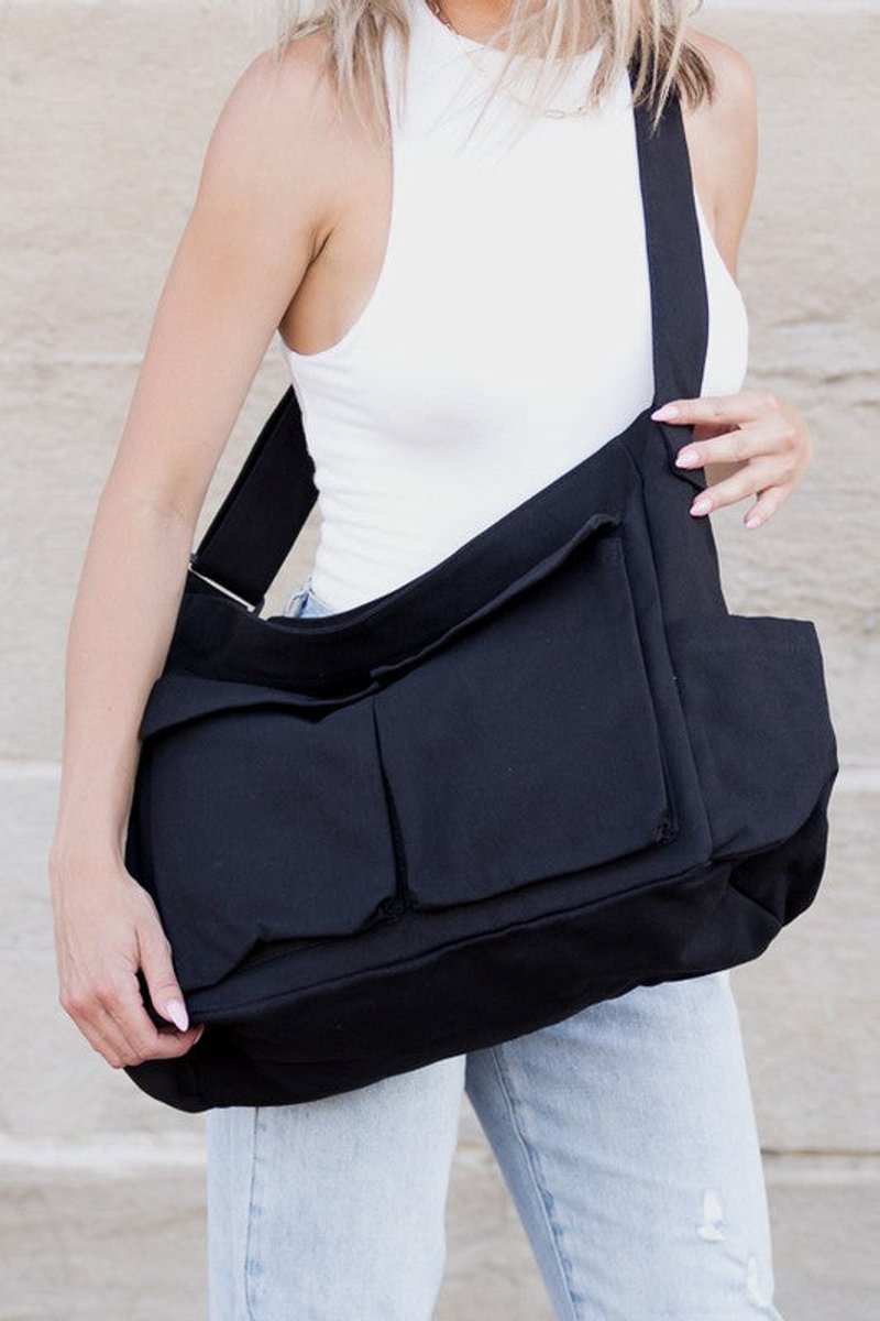 Women's Oversized Black Canvas Tote Messenger Shoulder Bag - Schwarz