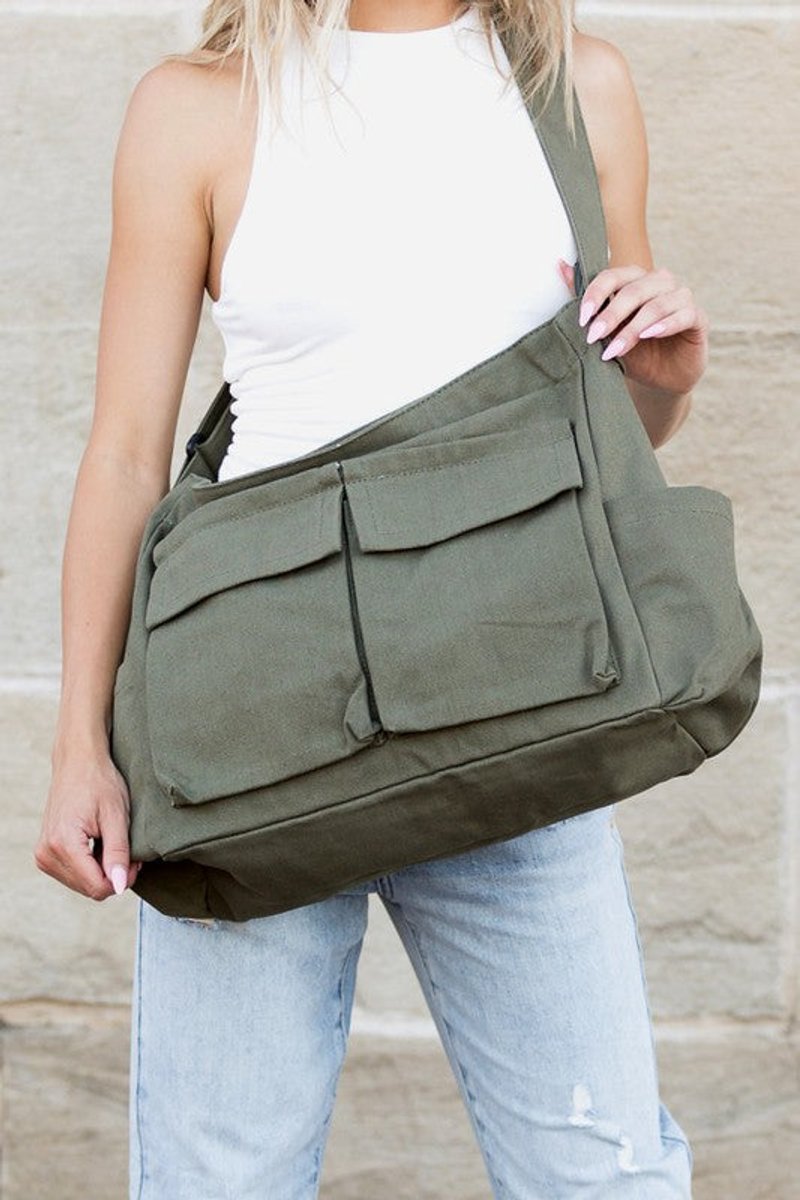 Women's Oversized Black Canvas Tote Messenger Shoulder Bag - Olive