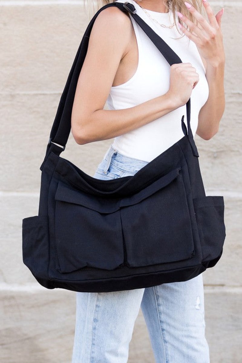Women's Oversized Black Canvas Tote Messenger Shoulder Bag