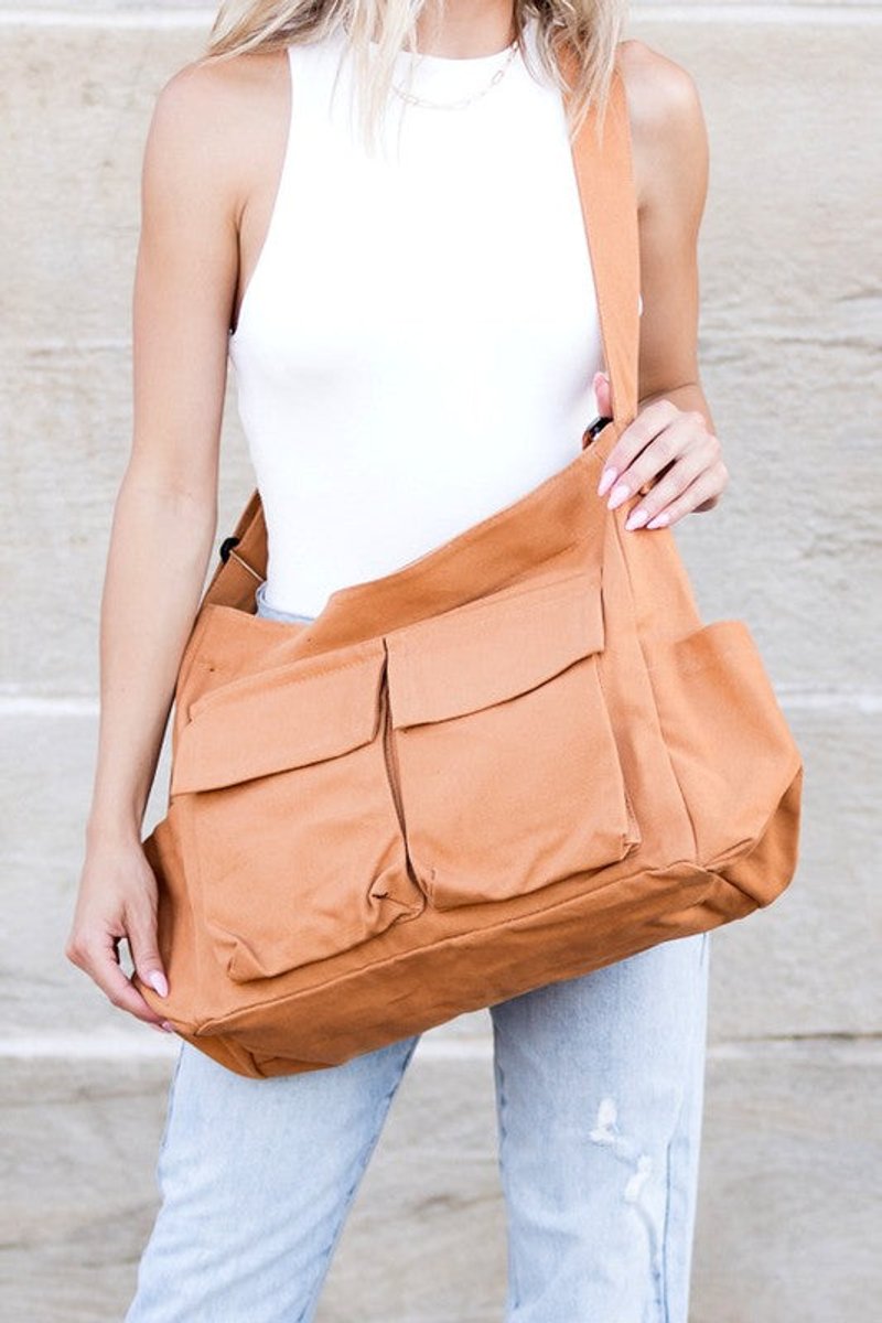 Women's Oversized Black Canvas Tote Messenger Shoulder Bag - Kamel
