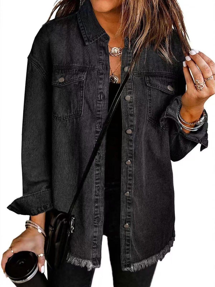 Women's Oversized Black Denim Snap-Button Quilted Jacket - Black