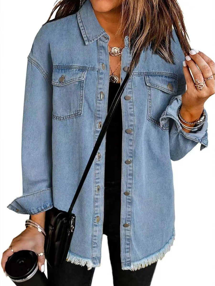 Women's Oversized Black Denim Snap-Button Quilted Jacket - Light Blue