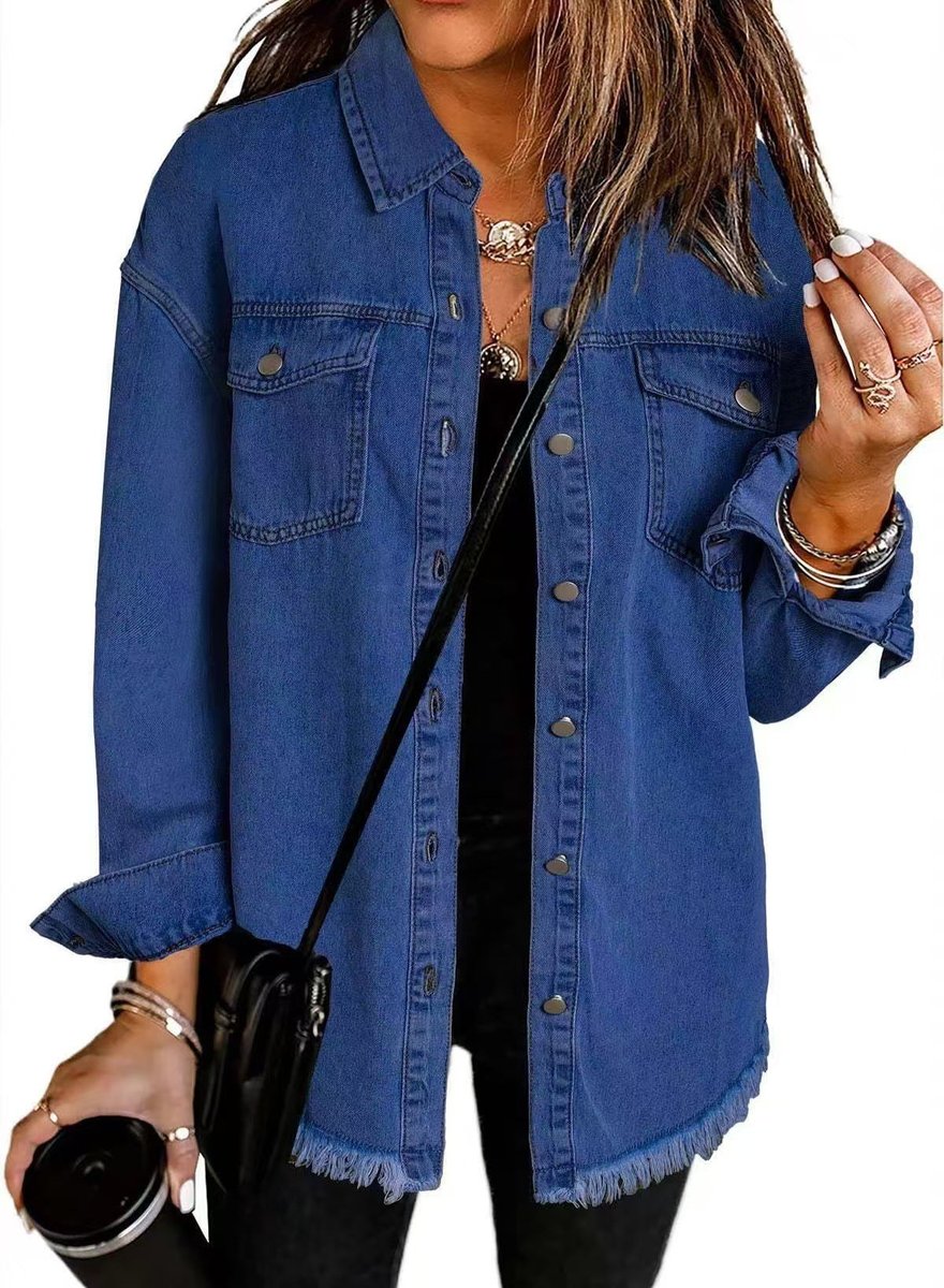 Women's Oversized Black Denim Snap-Button Quilted Jacket - Dark Blue