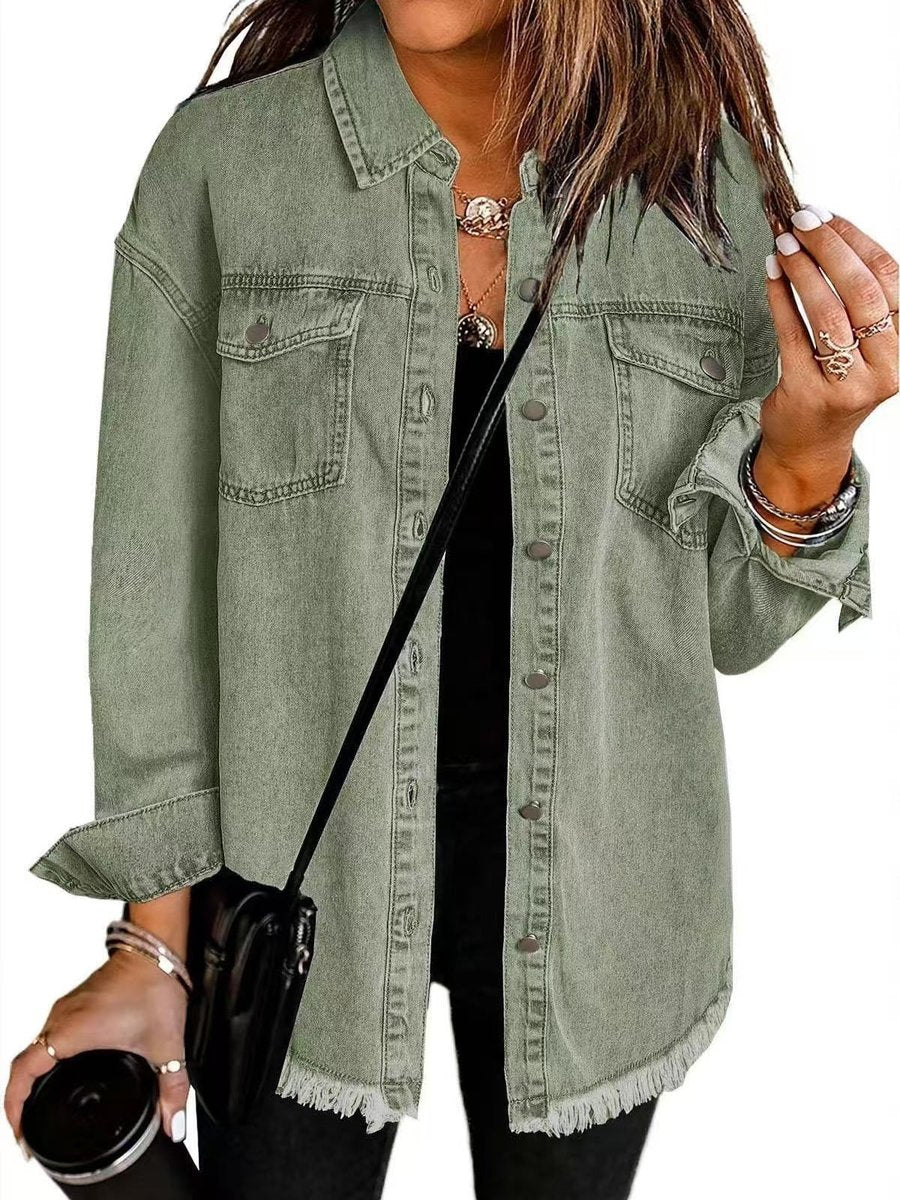 Women's Oversized Black Denim Snap-Button Quilted Jacket - Olive Green