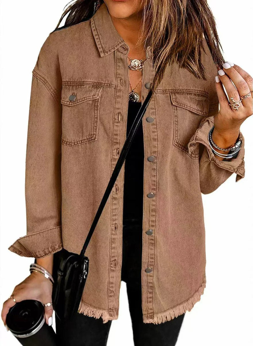 Women's Oversized Black Denim Snap-Button Quilted Jacket - Brown