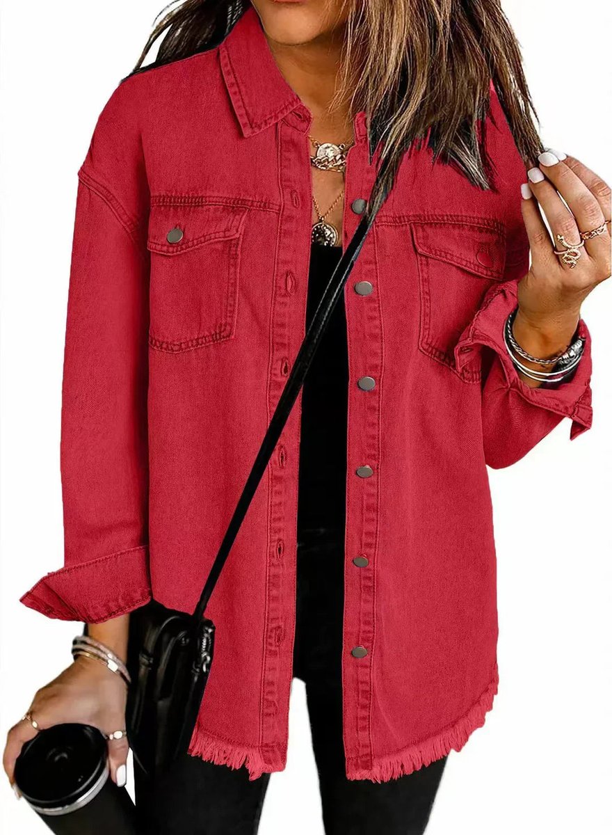 Women's Oversized Black Denim Snap-Button Quilted Jacket - Red