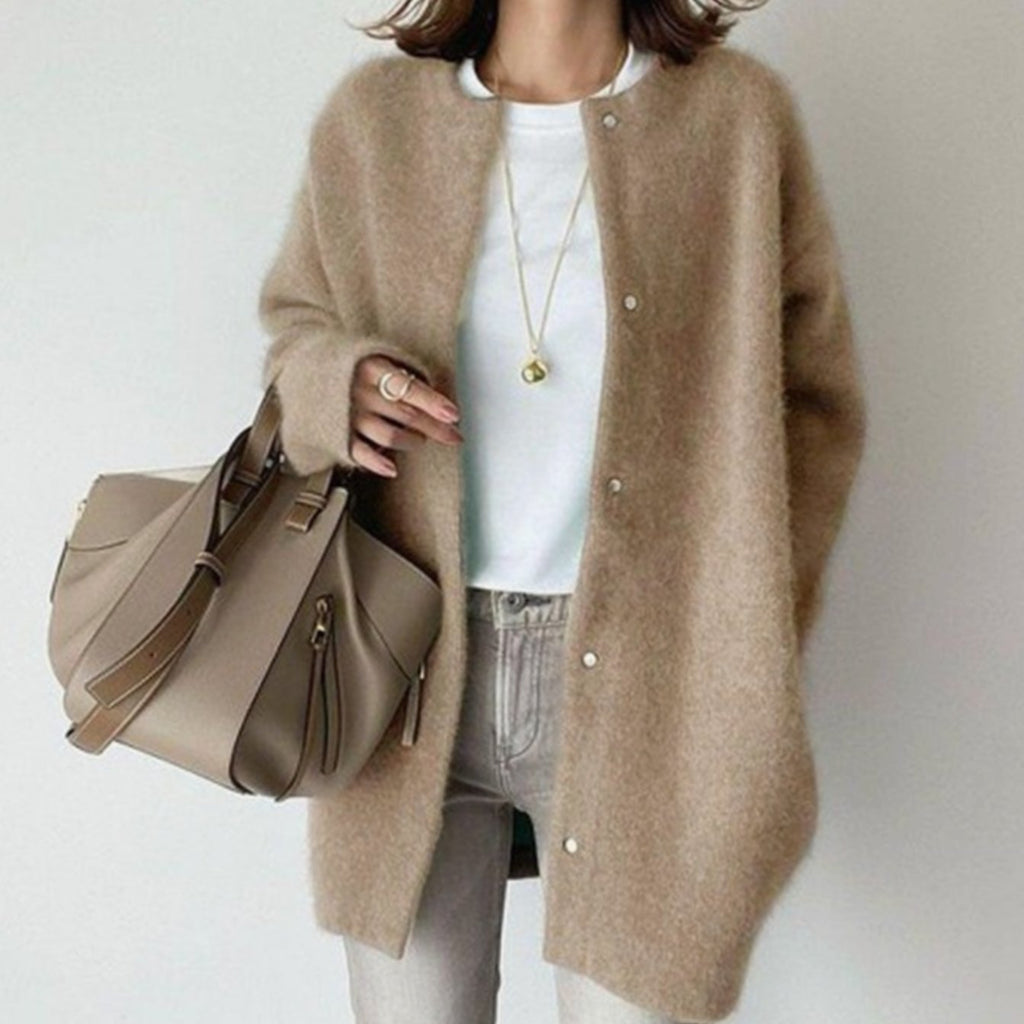 Women's Oversized Button-Down Fluffy Knit Winter Cardigan - Khaki