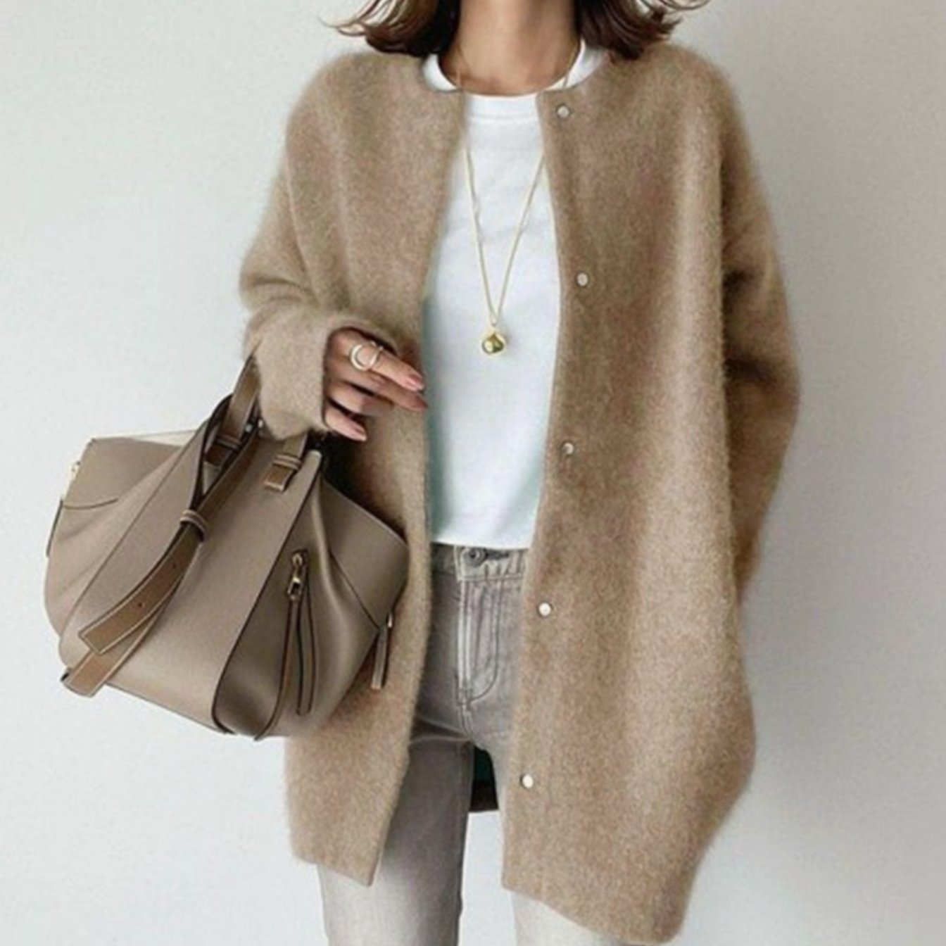 Women's Oversized Button-Down Fluffy Knit Winter Cardigan - Khaki