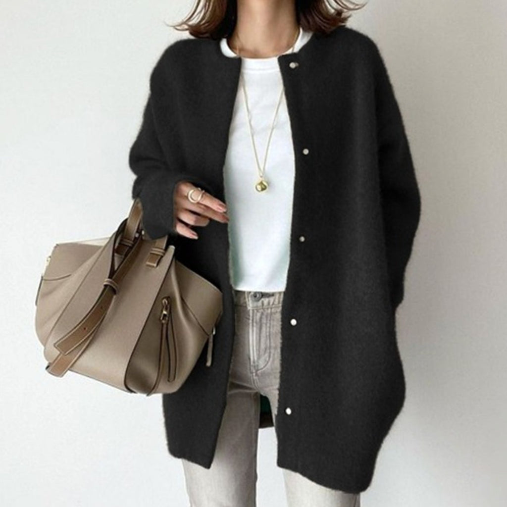 Women's Oversized Button-Down Fluffy Knit Winter Cardigan - Black