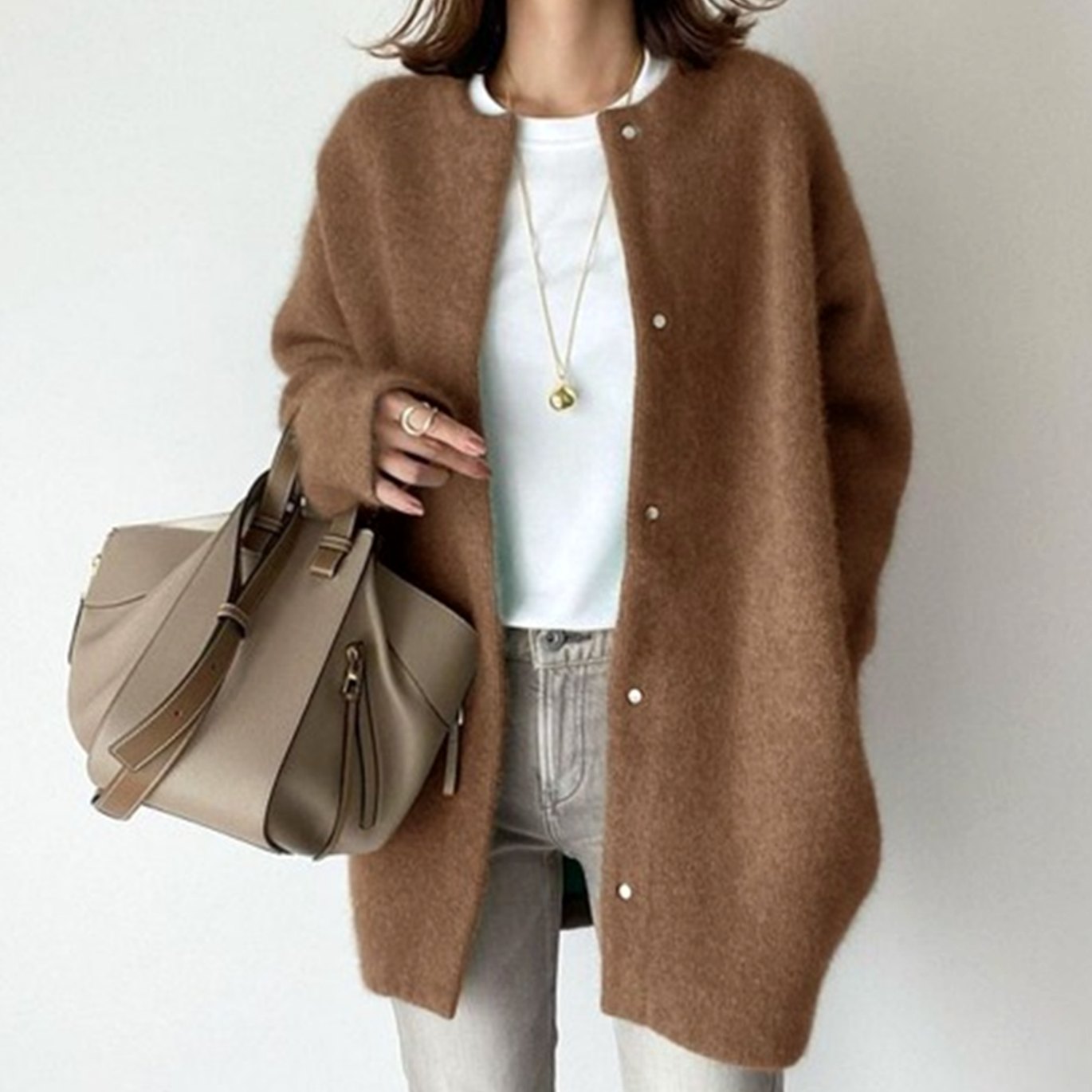 Women's Oversized Button-Down Fluffy Knit Winter Cardigan - Caramel