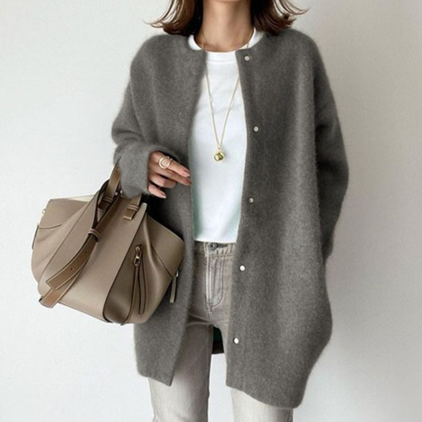 Women's Oversized Button-Down Fluffy Knit Winter Cardigan - Grey