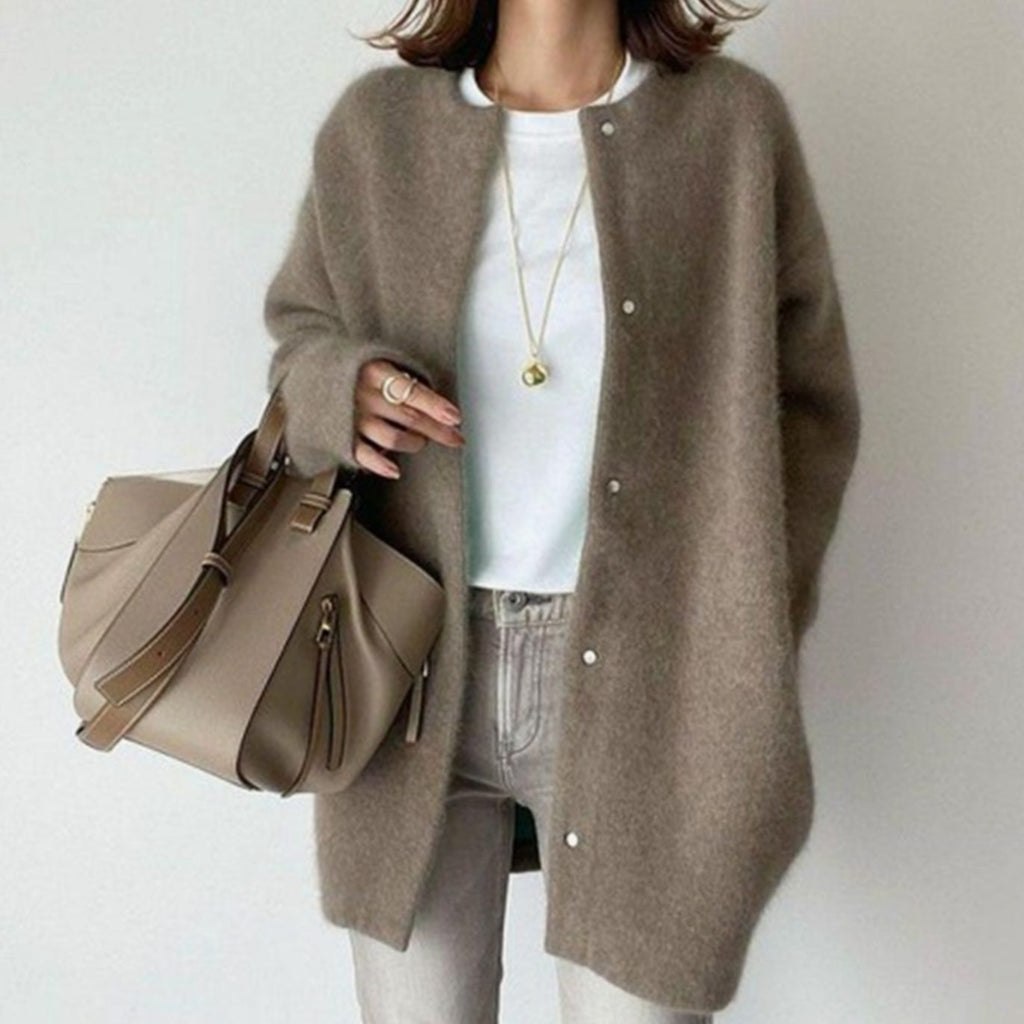 Women's Oversized Button-Down Fluffy Knit Winter Cardigan - Coffee