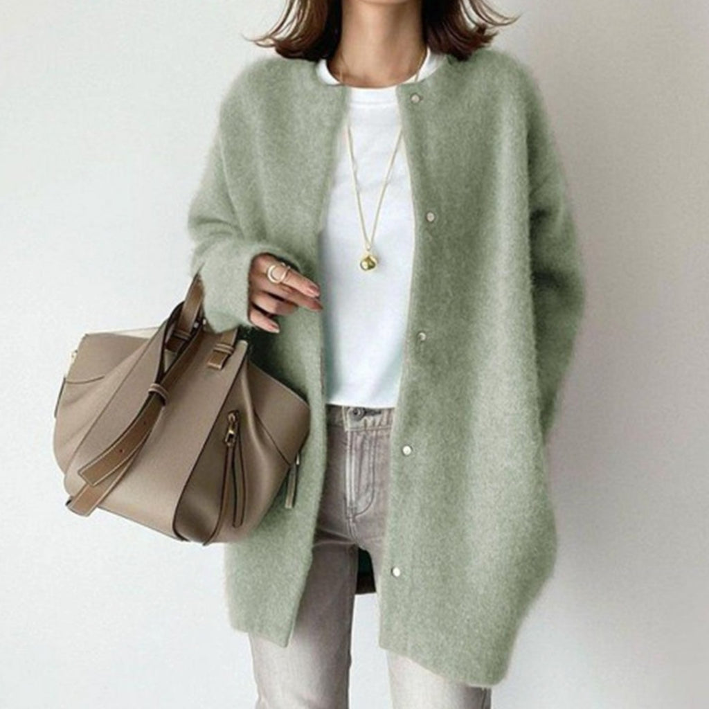 Women's Oversized Button-Down Fluffy Knit Winter Cardigan - Green