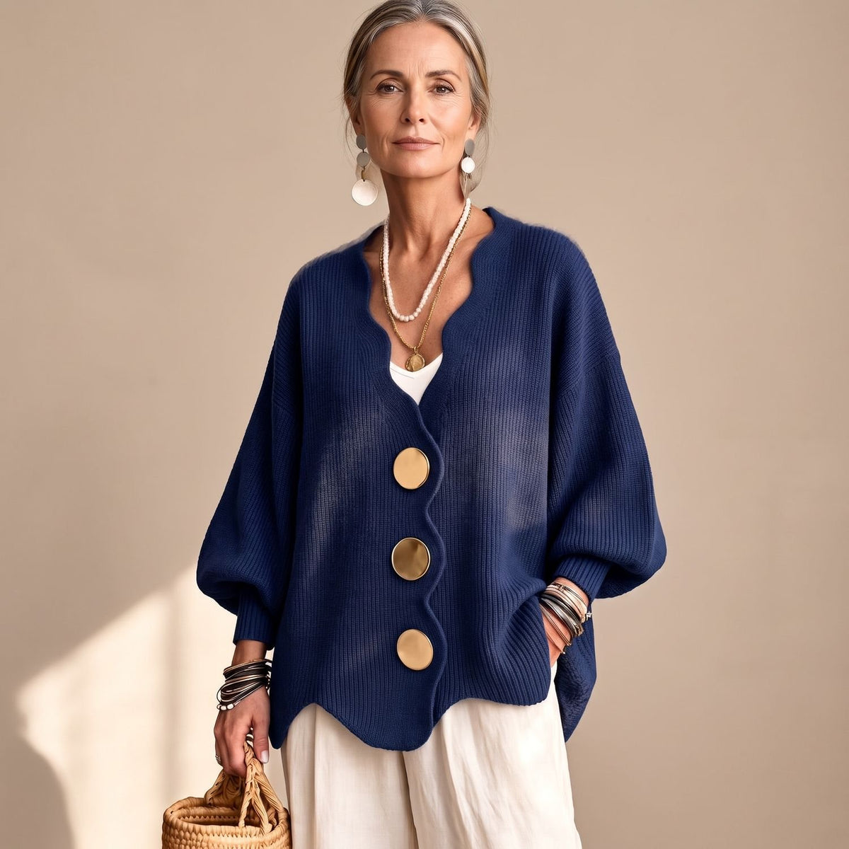 Women's Oversized Button Front Knit Cardigan Lantern Sleeve - Navy Blue