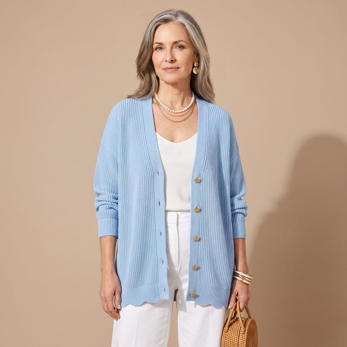 Women's Oversized Button Front Knit Cardigan Lantern Sleeve - Light Blue